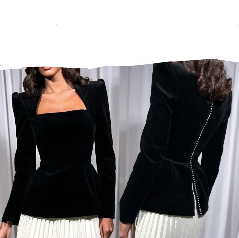 Sunfere Black Velvet Peplum Pearl Derail Women's Top